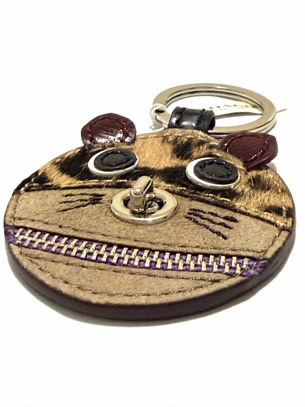 Coach Gold and Purple Animal Face Leather Keychain